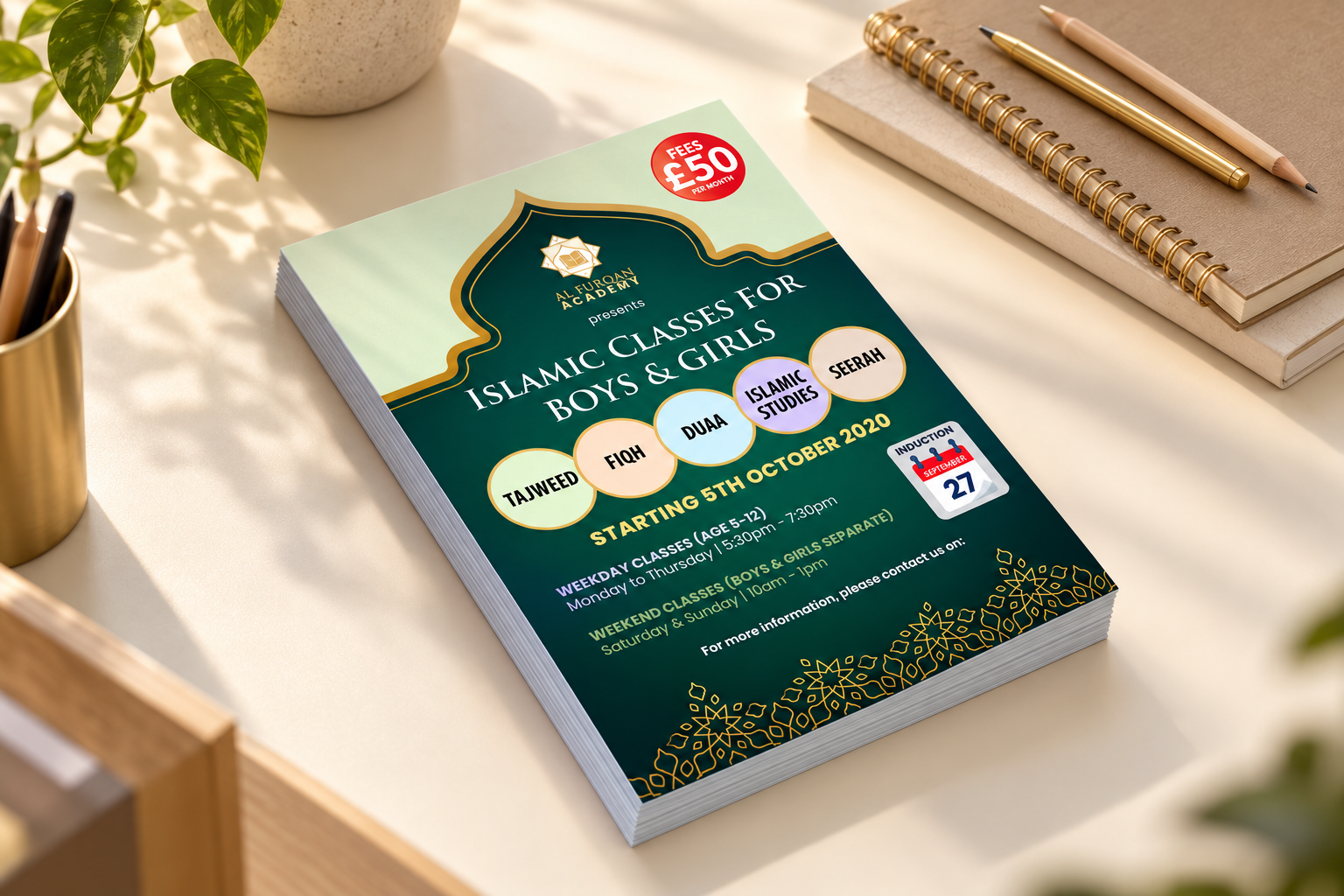 Al Furqan Academy leaflets in an education setting