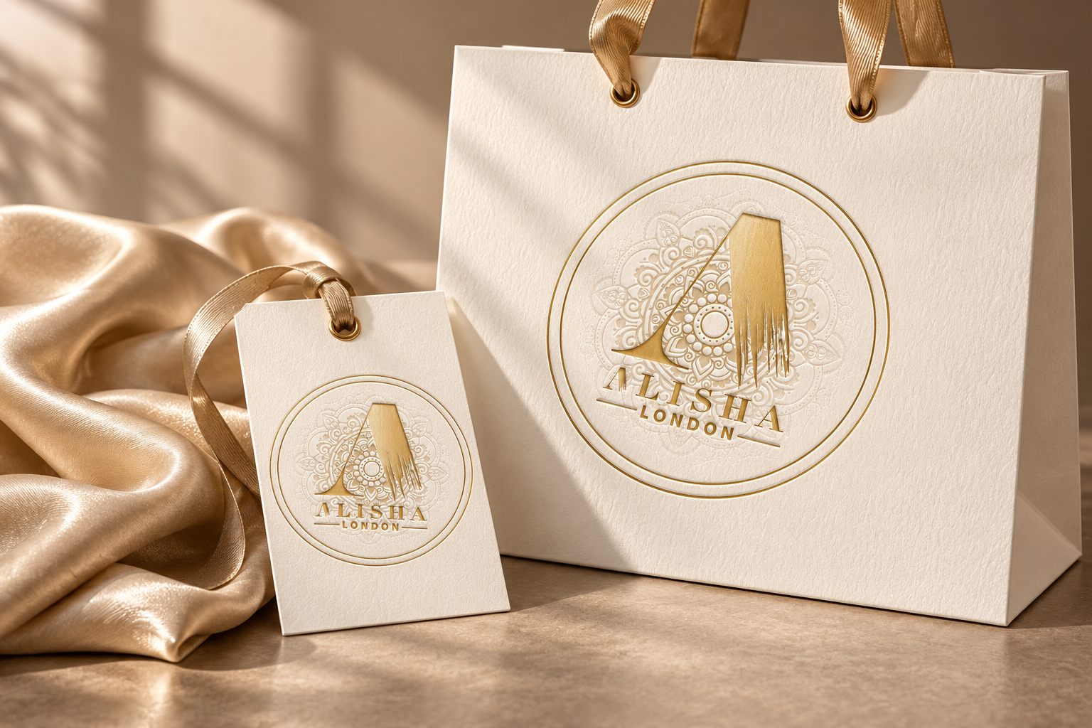 Alisha London identity presented on boutique packaging and a garment tag