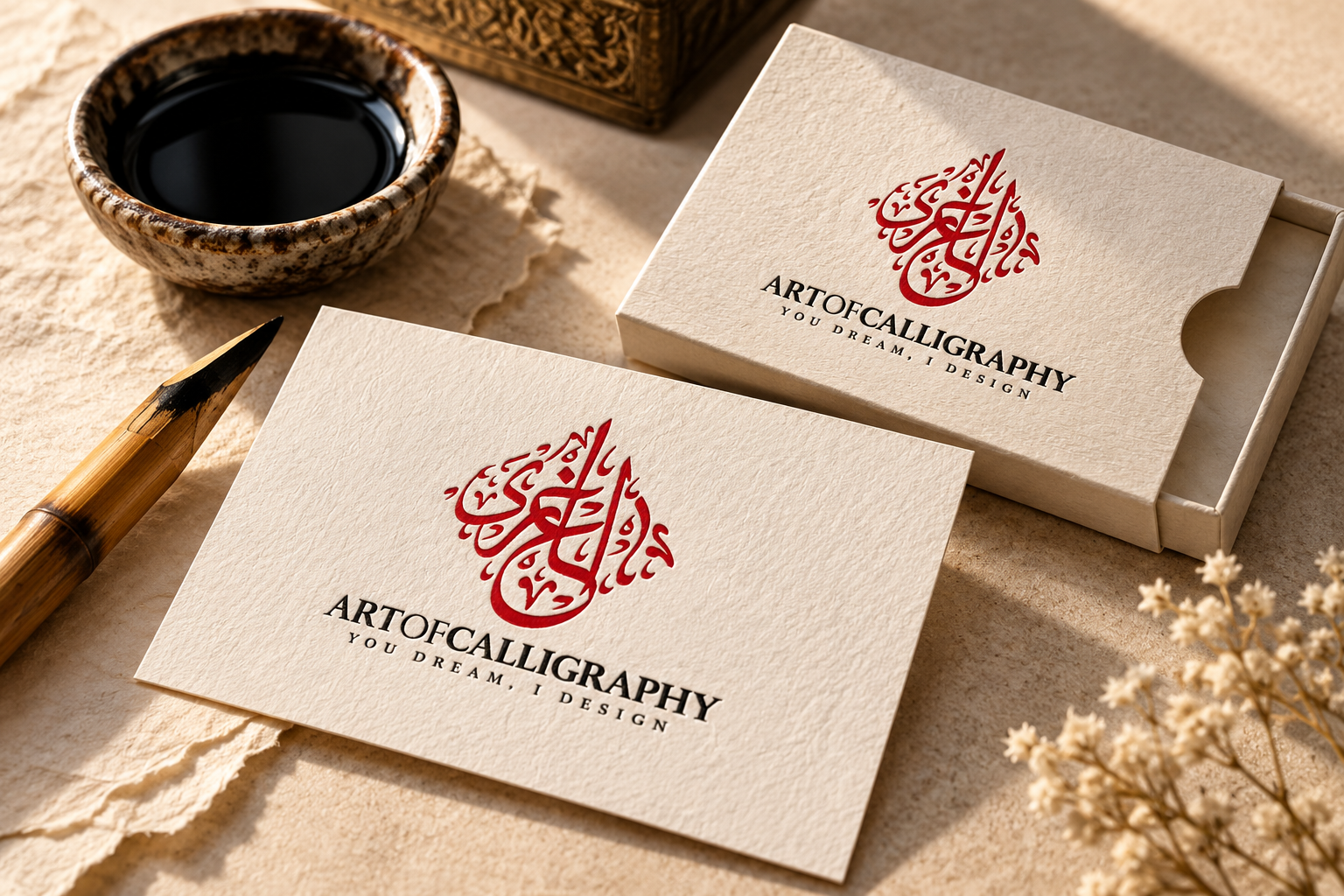 Art of Calligraphy identity on textured artist stationery