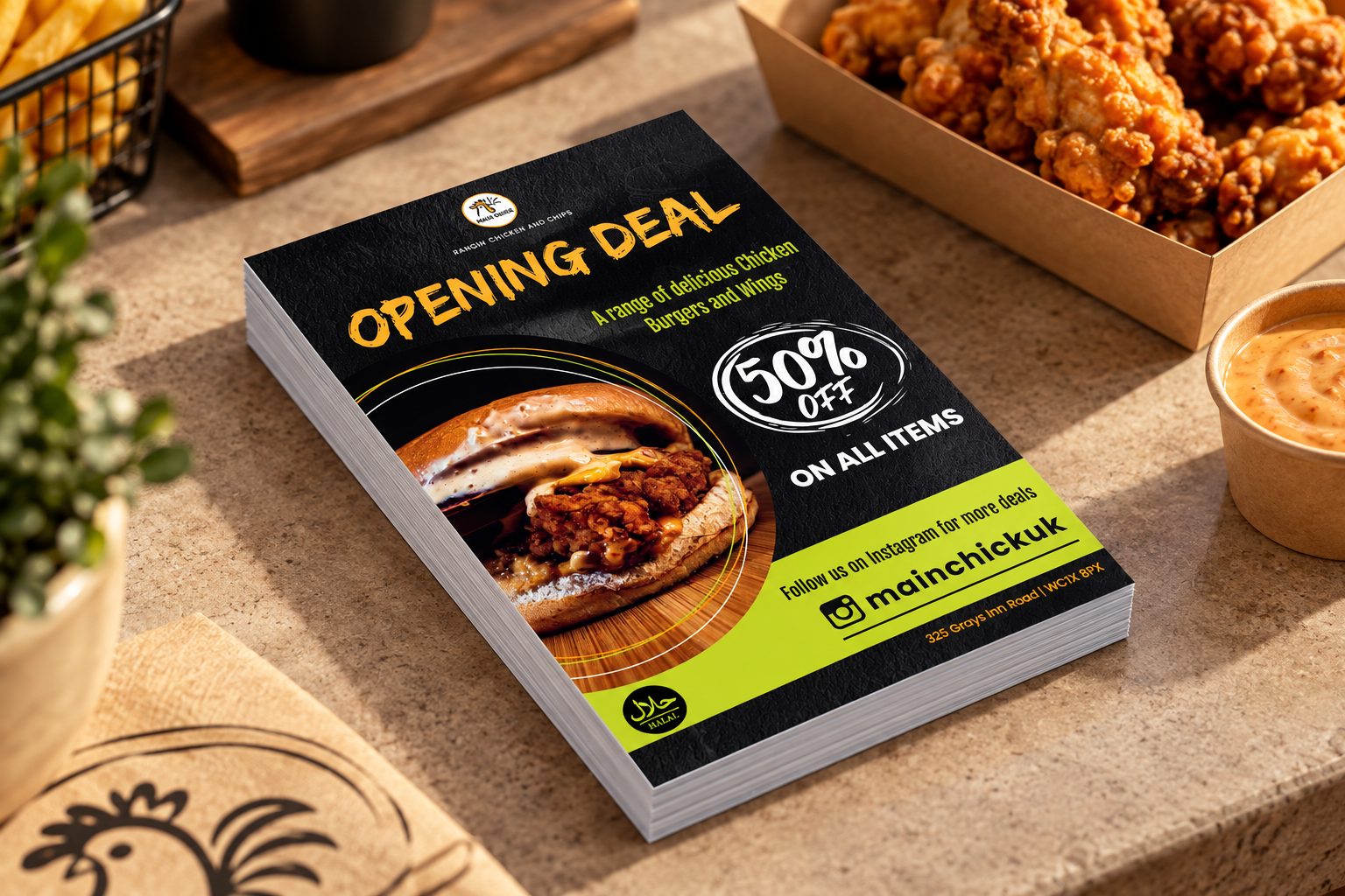 Main Chick promotional leaflets in a takeaway setting