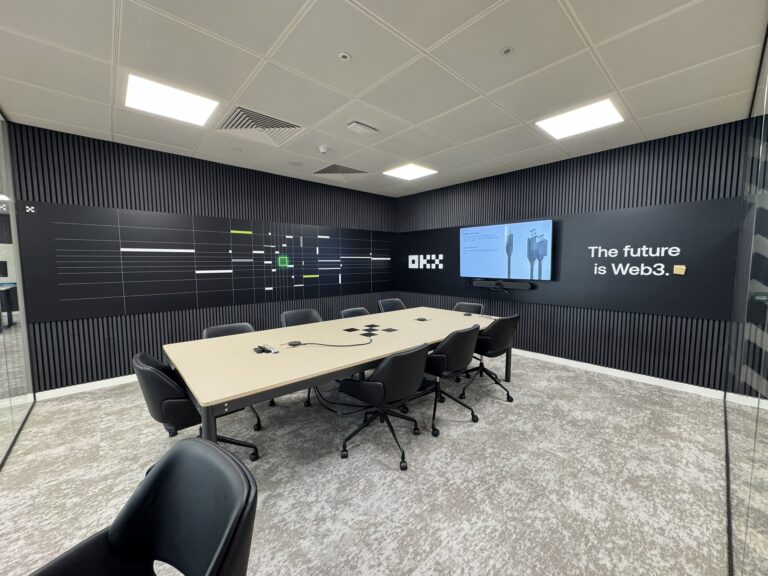 OKX boardroom with branded wall graphics