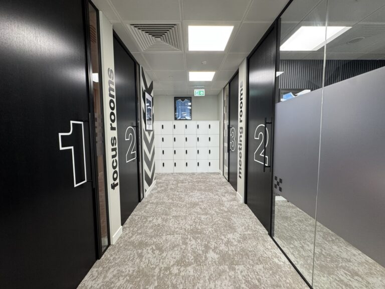 Numbered focus room doors and office wayfinding graphics
